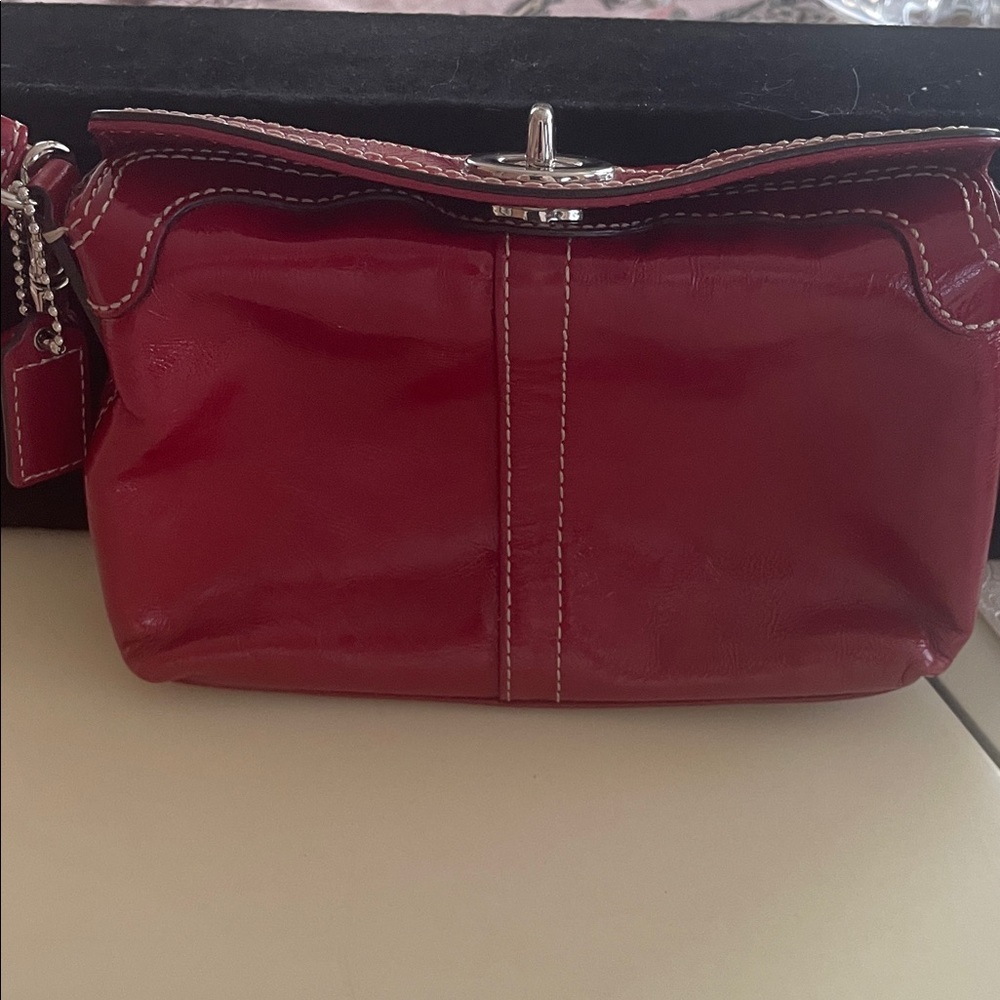 Coach Red Patent Leather Wristlet Clutch with White Stitching